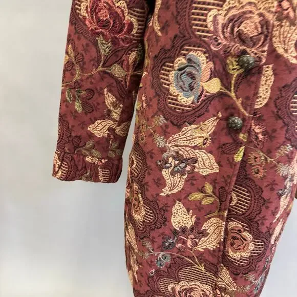 CAbi burgundy Jacobean burgundy floral jacquard tapestry long jacket Size 14